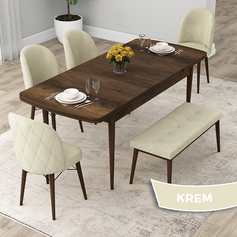 Krem Sandalye Barok Ahşap Desen Masa