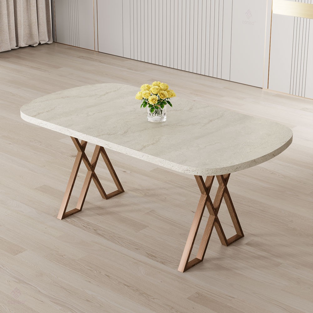 Jolin Serisi Mdf 90x168 Traverten Masa Takımı 4 Ahşap Kaplama Metal Sandalye