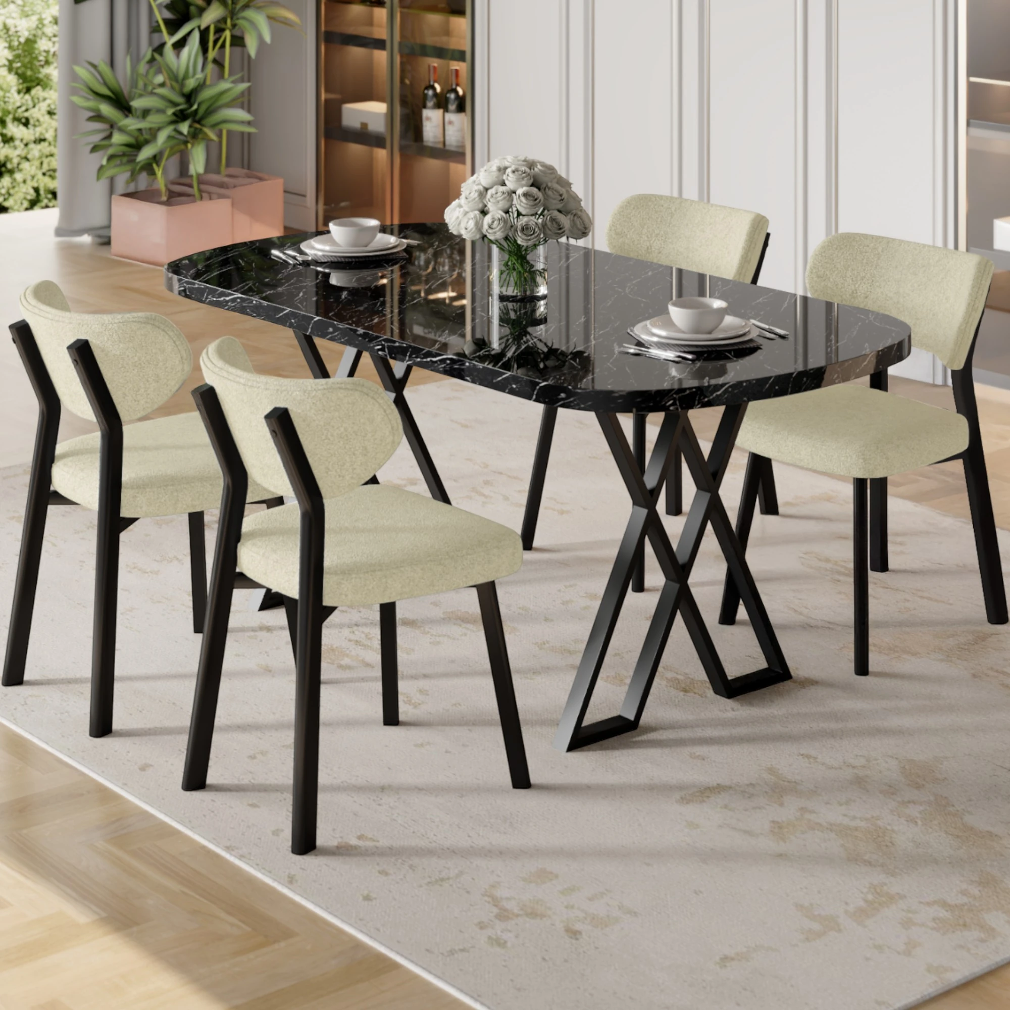 Krem Sandalye Siyah Mermer Desen Masa