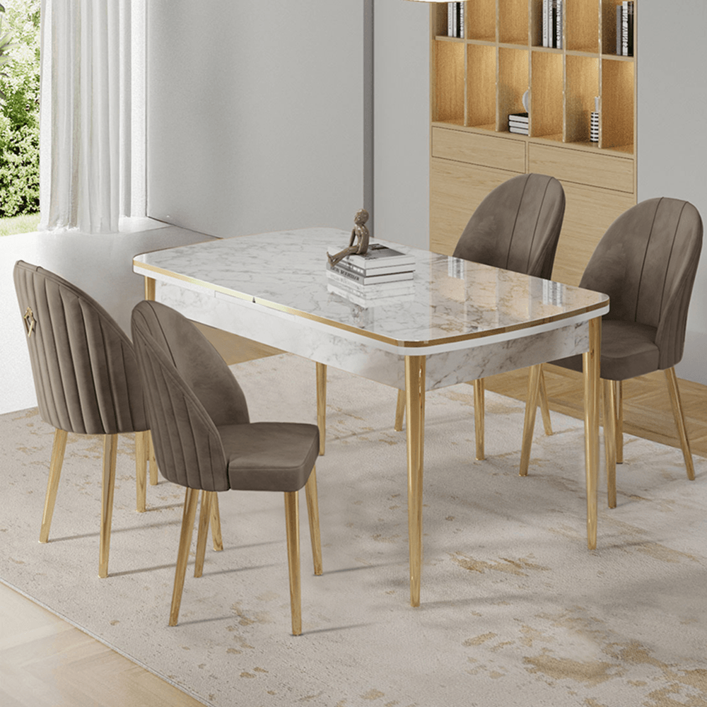Beyaz Mermer Desen Masa Cappucino Sandalye Ayaklar Gold