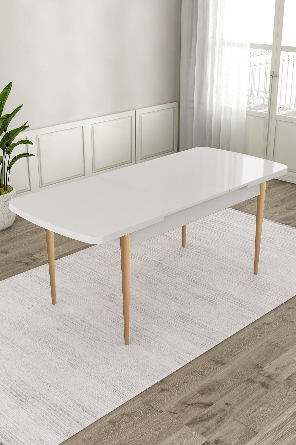 Beyaz 80x132 Açılabilir MDF Yemek Masası Doğal Ahşap Ayak