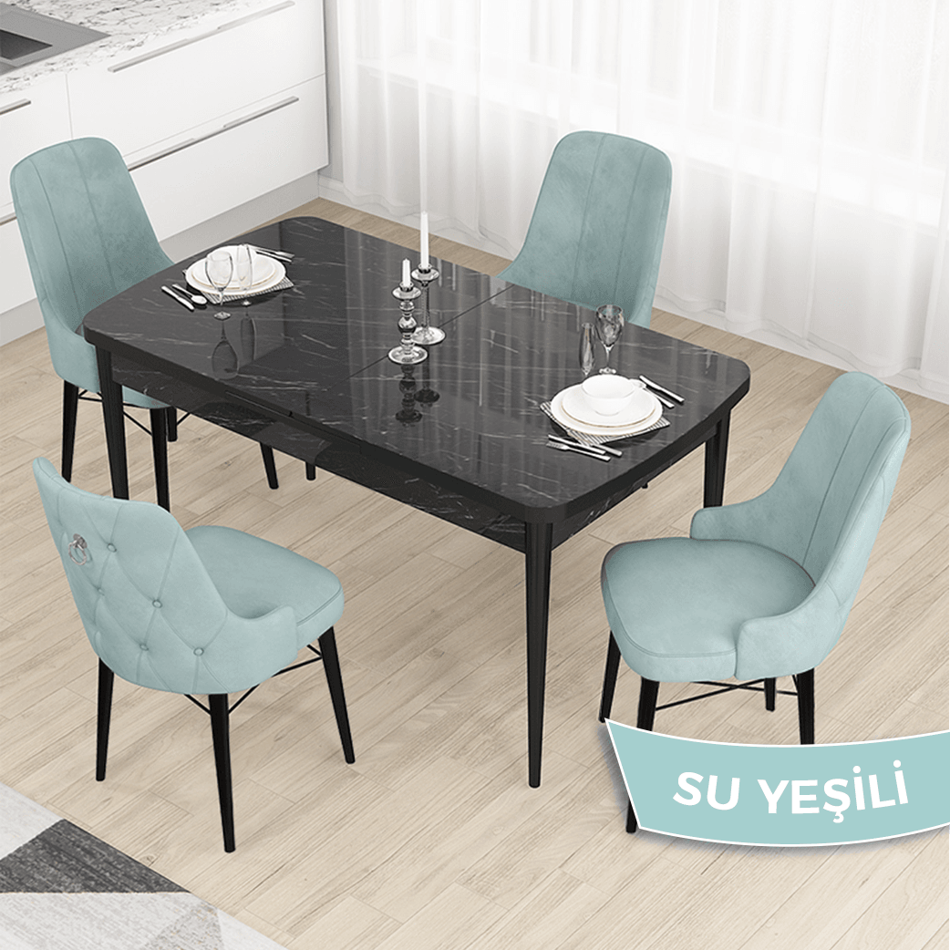 Masa Siyah Mermer Desen Sandalye Su Yeşili