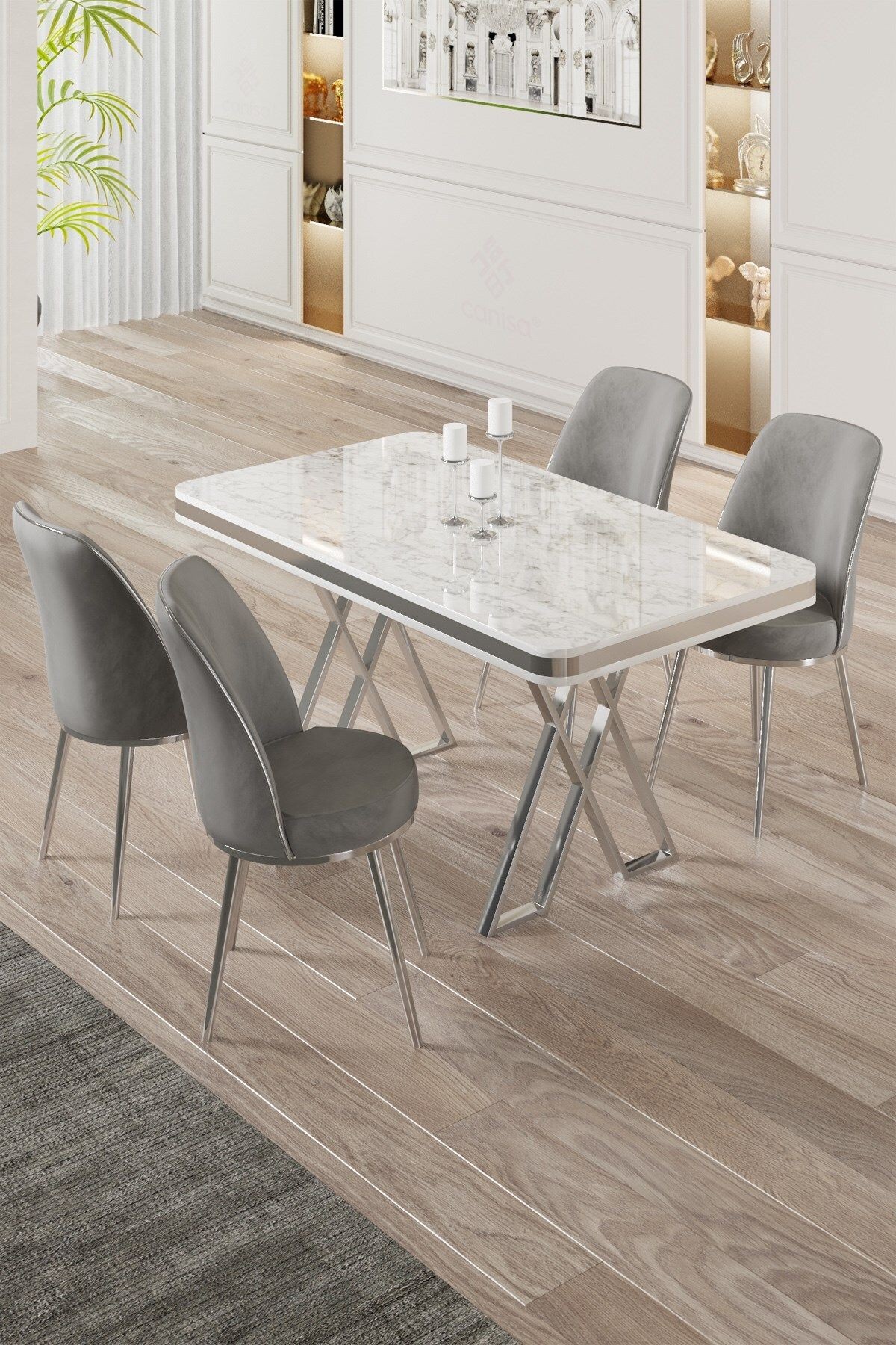 Vals Serisi 80x130 Lak Panel Beyaz Mermer Desen Masa ve 4 Sandalye Krom Kaplama Ayak