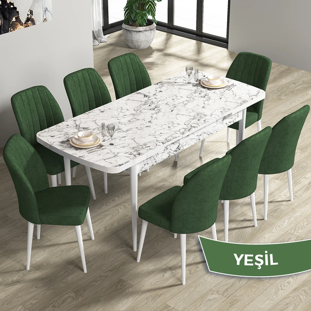 Beyaz Mermer Desen Masa Haki Renk Sandalye