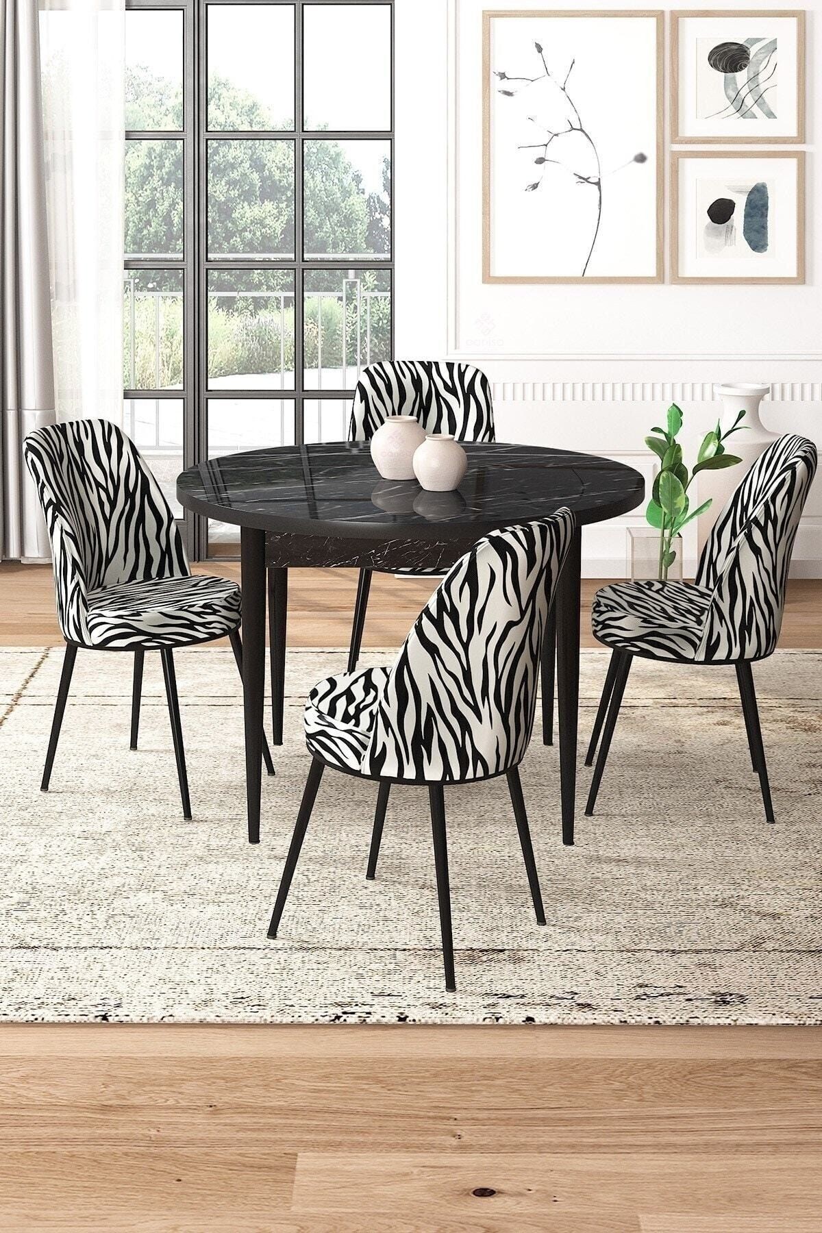 masa siyah mermer desen sandalyeler zebra desen