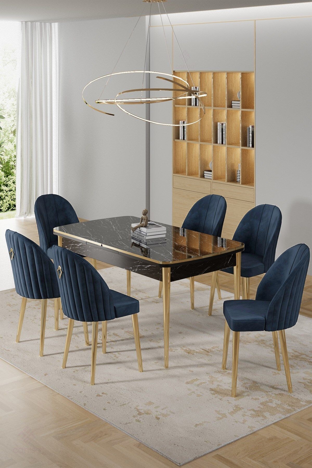Rada Serisi 80x132 Açılabilir Lak PanelSonata Masa ve 6 Sandalye Gold Kaplama Ayak