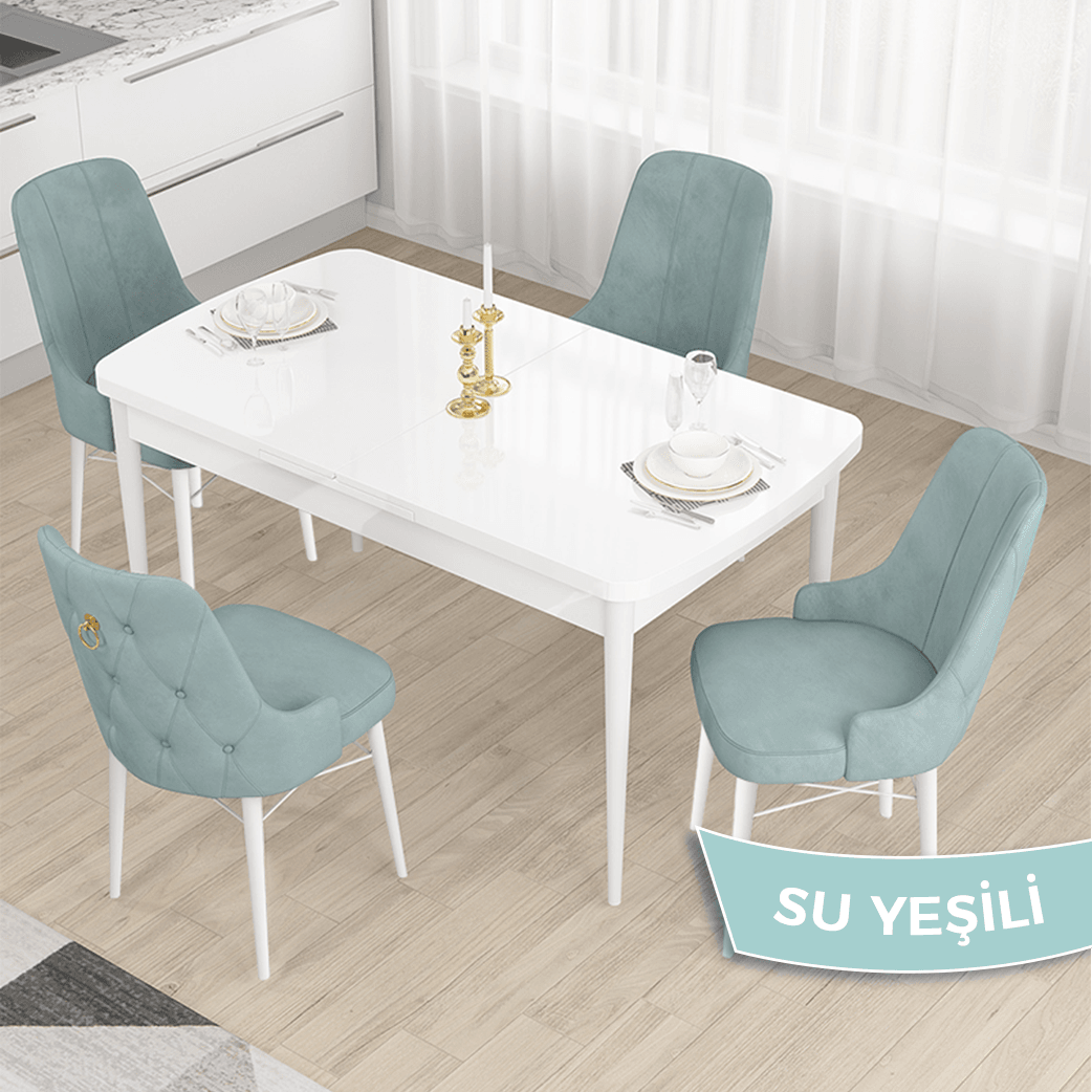 Taç Serisi 80x132 Açılabilir Gold Halka Beyaz Masa Takımı ve 4 Sandalye