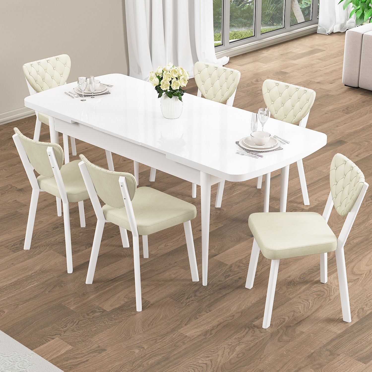 Rim Serisi 80x132 Açılabilir Beyaz Mutfak Masası Takımı Ve 6 Sandalye