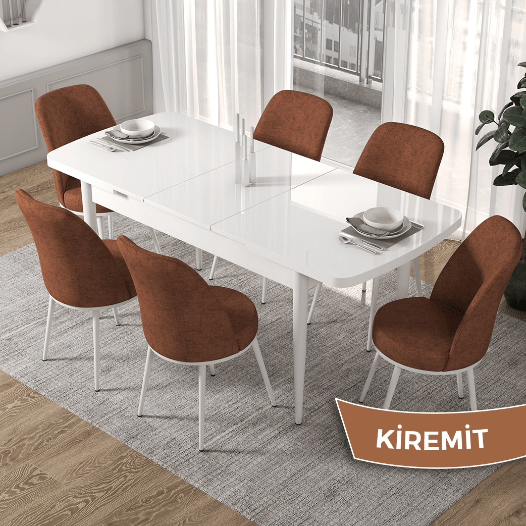 Kor Serisi 70x114 Açılabilir Beyaz Mutfak Masası Takımı ve 6 Sandalye