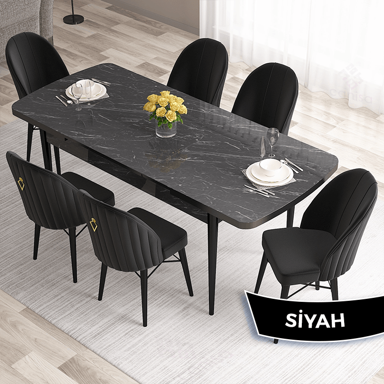 Roz Serisi 80x132 Mdf Açılabilir Gold Halka Siyah Mermer Desen Masa Takımı Ve 6 Sandalye