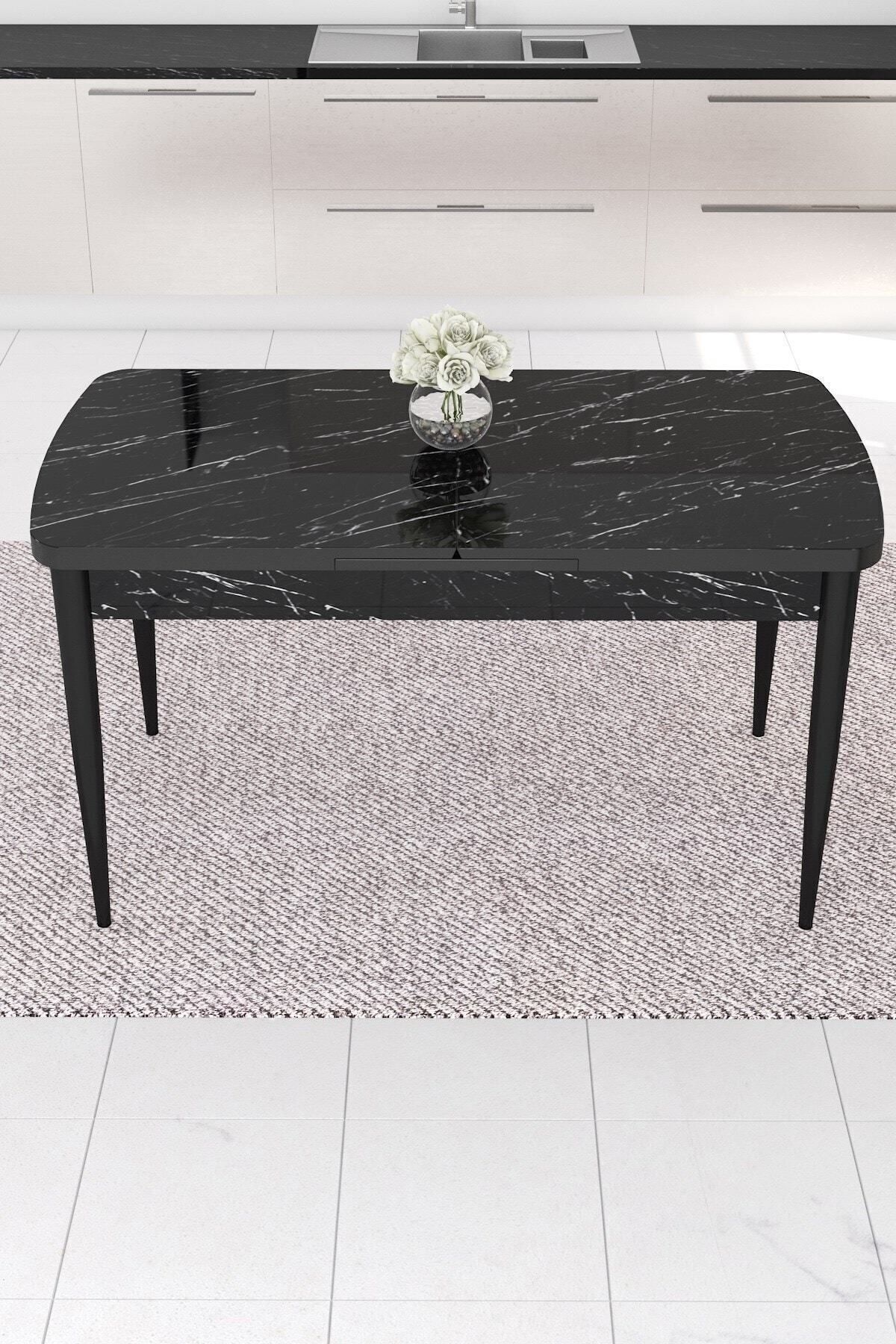 Roy Serisi 80x132 Mdf Açılabilir Siyah Mermer Desen Masa Takımı Ve 6 Sandalye