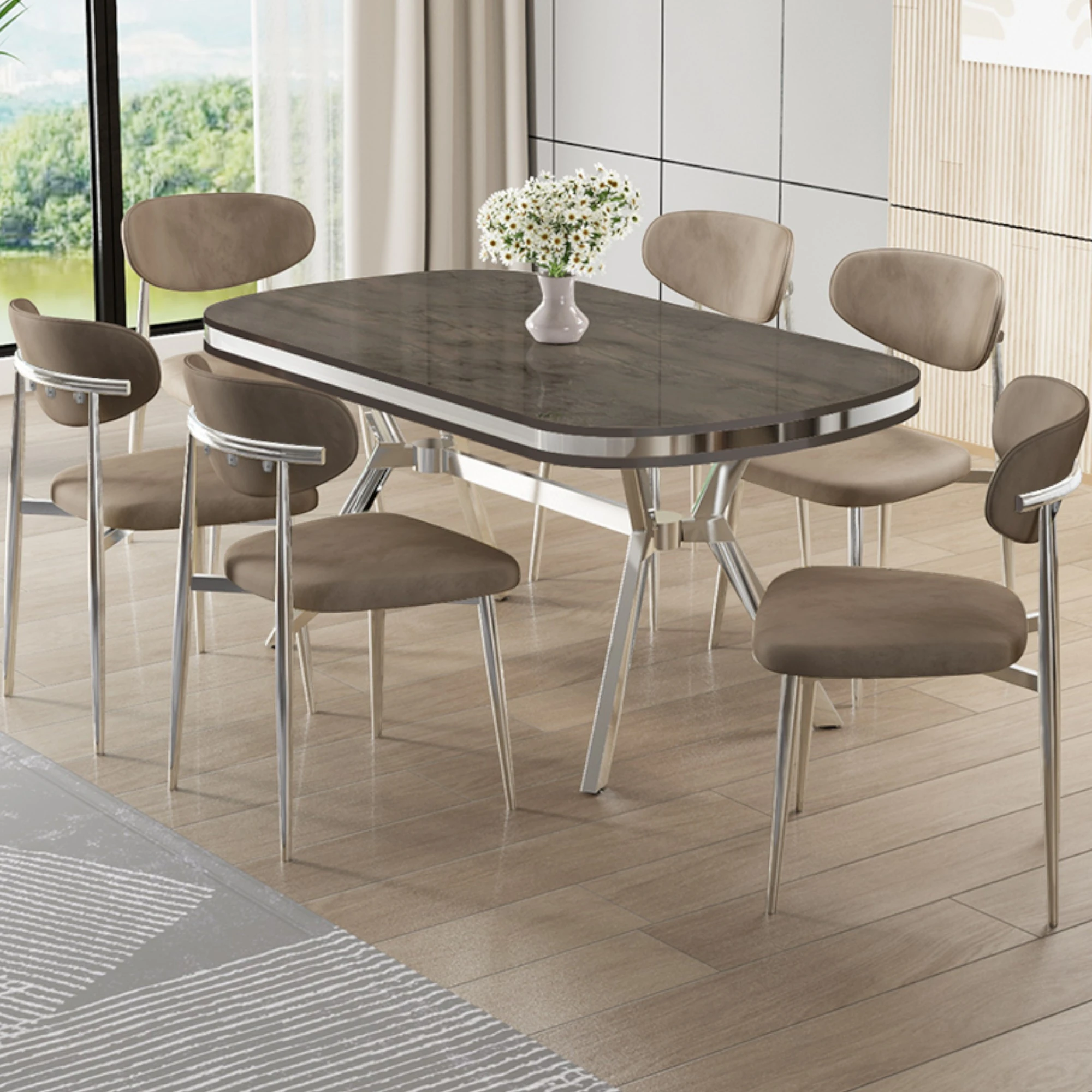 Antrasit İroni Masa Cappucino Sandalye Krom Ayak.