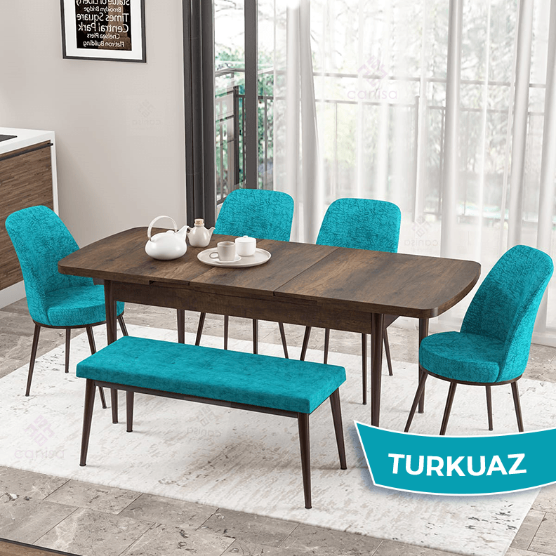 Zen Serisi 80x132 Mdf Açılabilir Barok Ahşap Desen Masa Takımı 4 Sandalye Ve 1 Bench