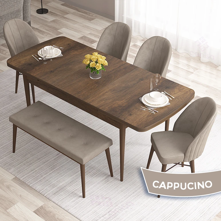 Roz Serisi 80x132 Mdf Açılabilir Gümüş Halka Barok Ahşap Desen Masa Takımı 4 Sandalye Ve 1 Bench