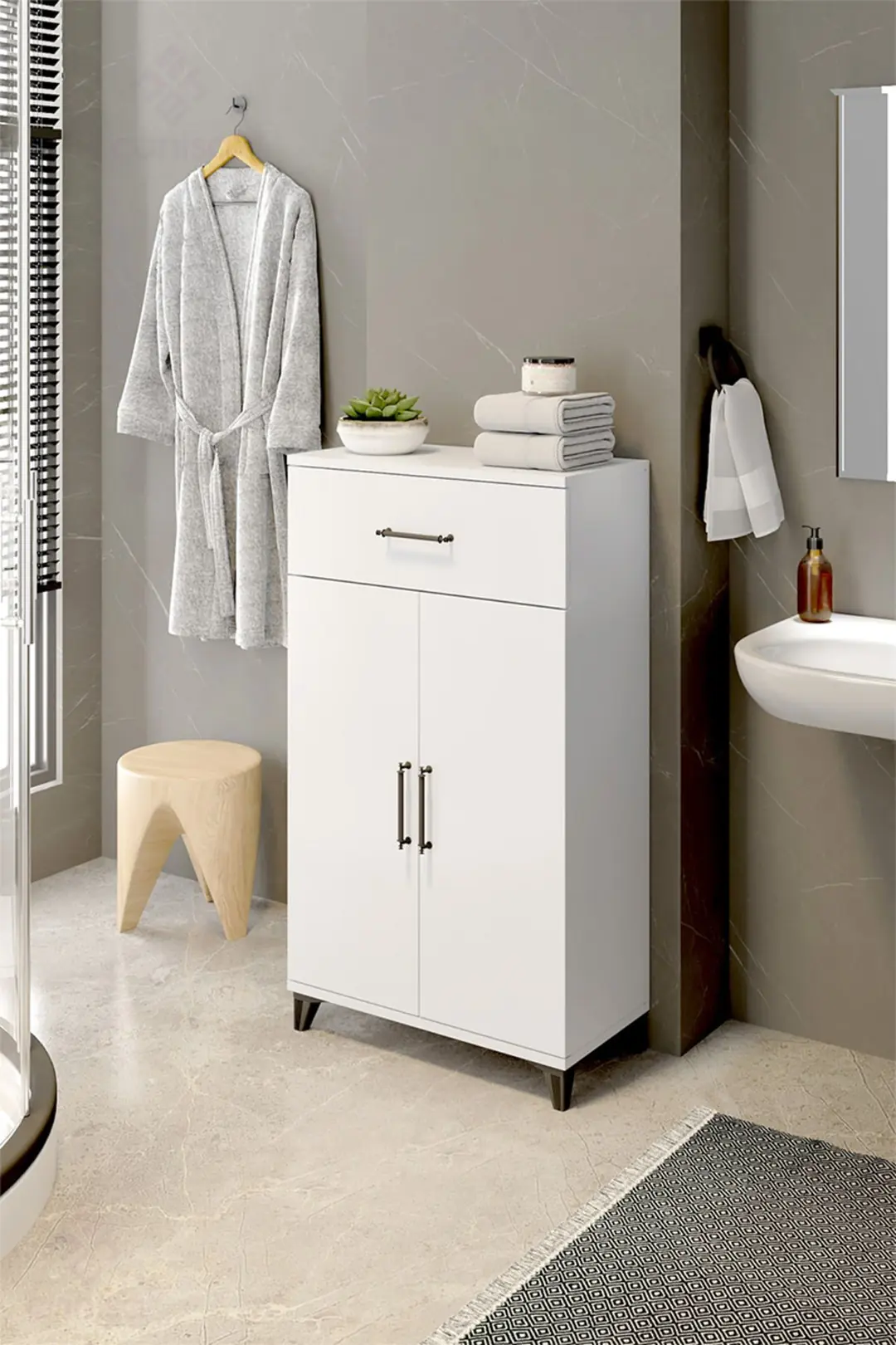 Matex Beyaz Çok Amaçlı Çekmeceli Siyah Dekoratif Kulplu Banyo Dolabı