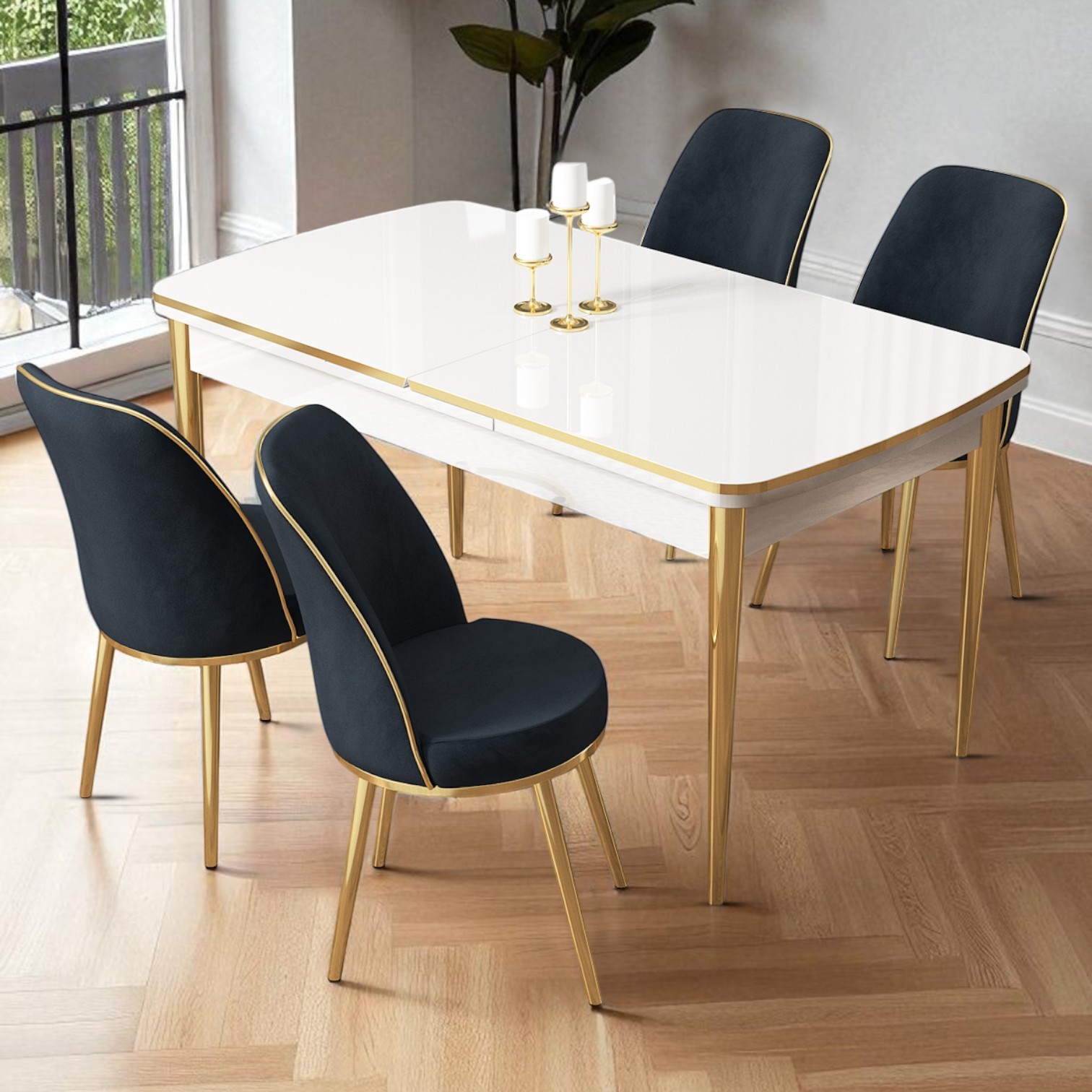 Nira Serisi 70x114 Mdf Açılabilir Beyaz Mutfak Masa Takımı 4 Sandalye Gold Detay