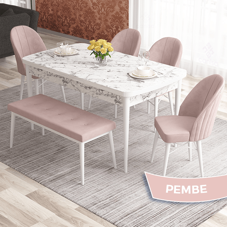 masa beyaz mermer desen sandalyeler pembe
