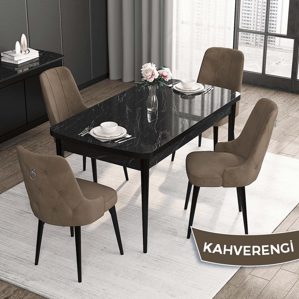 masa siyah mermer sandalye kahve ayaklar siyah