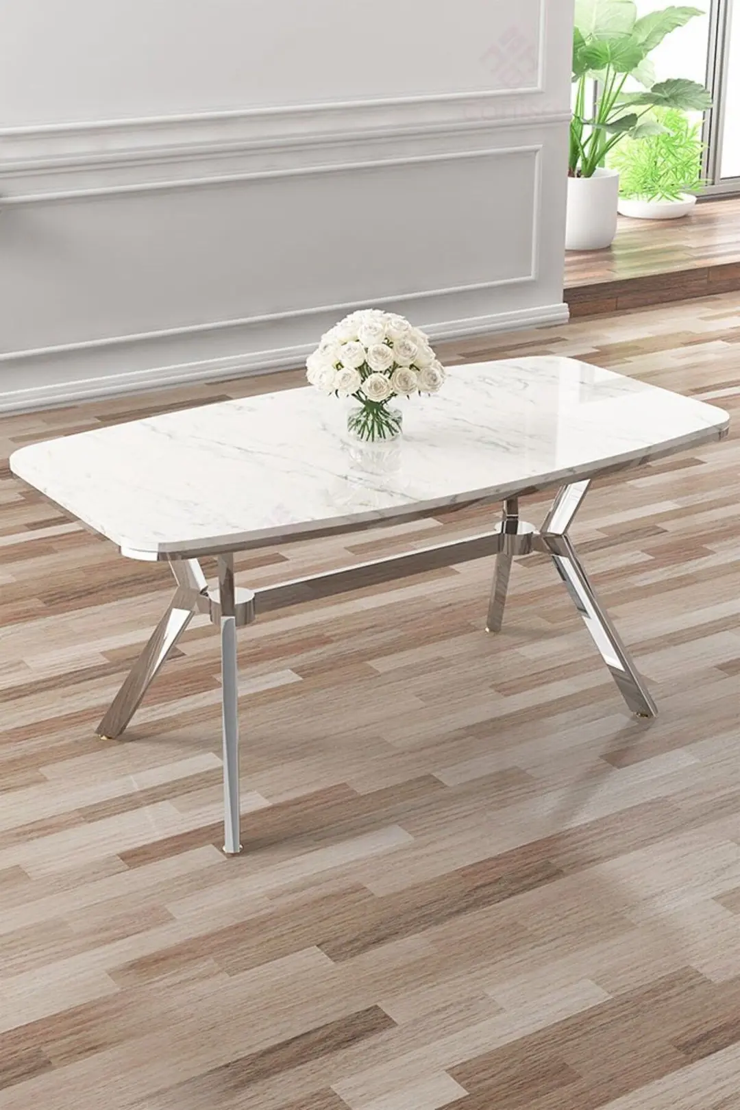 Asel Serisi 90x160 Lak Panel Beyaz Mermer Desen Masa ve 6 Sandalye