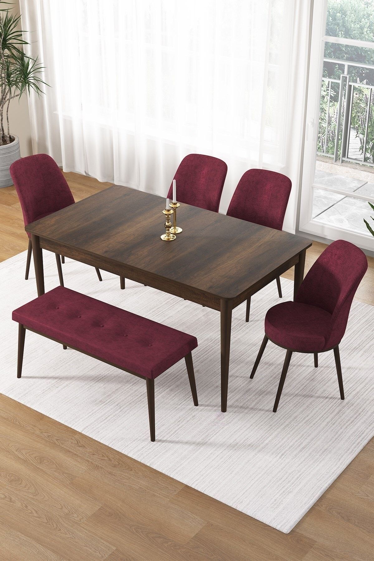 masa barok sandalye ve bench bordo ayak kahve
