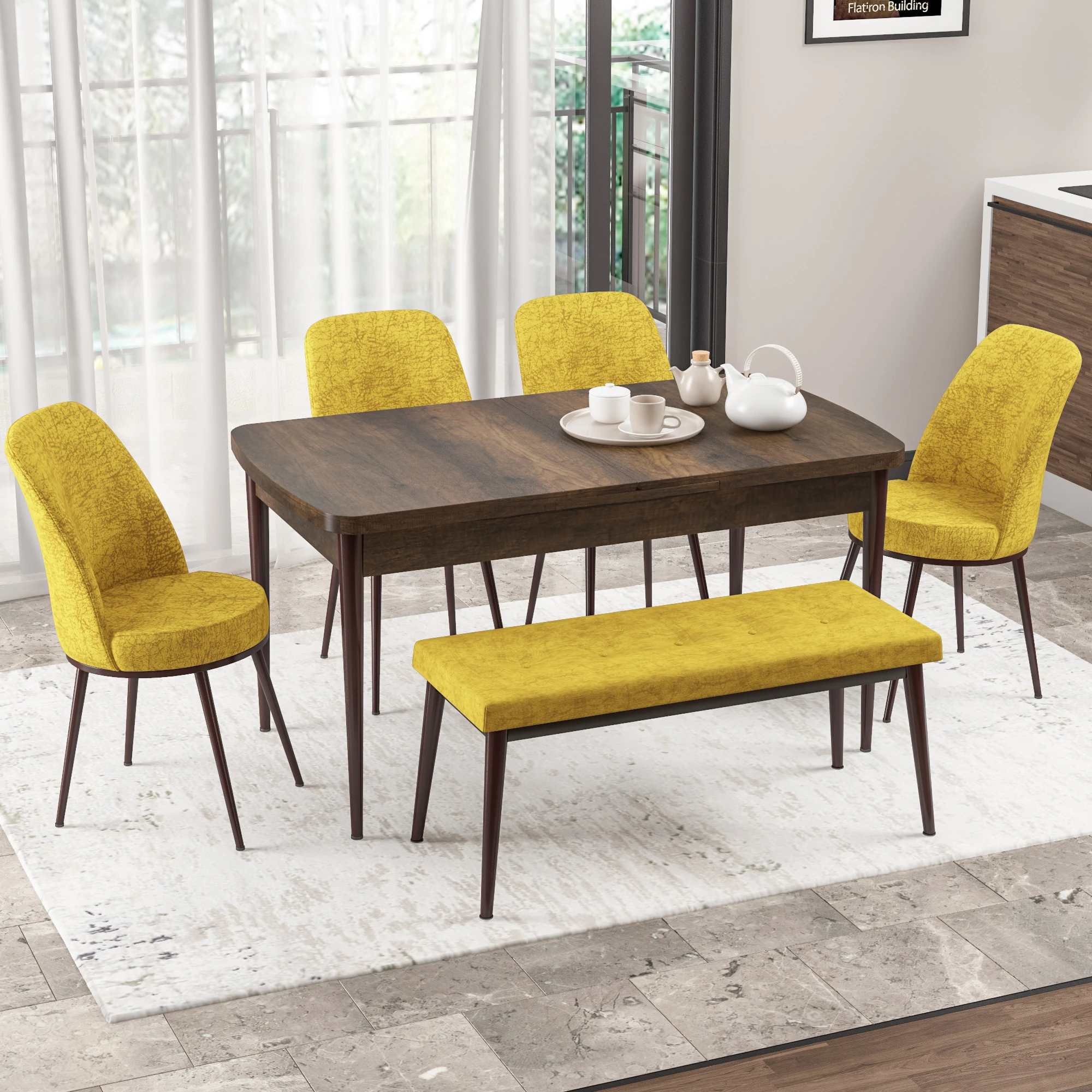 Via Serisi 80x132 Açılabilir Barok Ahşap Desen Masa Takımı 4 Sandalye ve Pera Bench