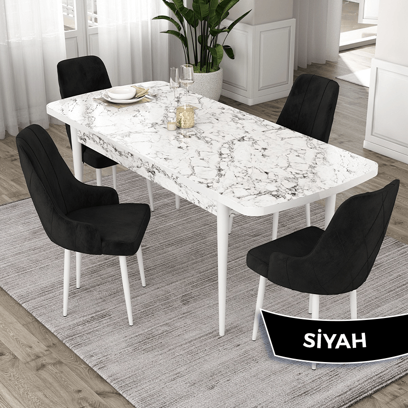 masa beyaz mermer desen sandalye siyah