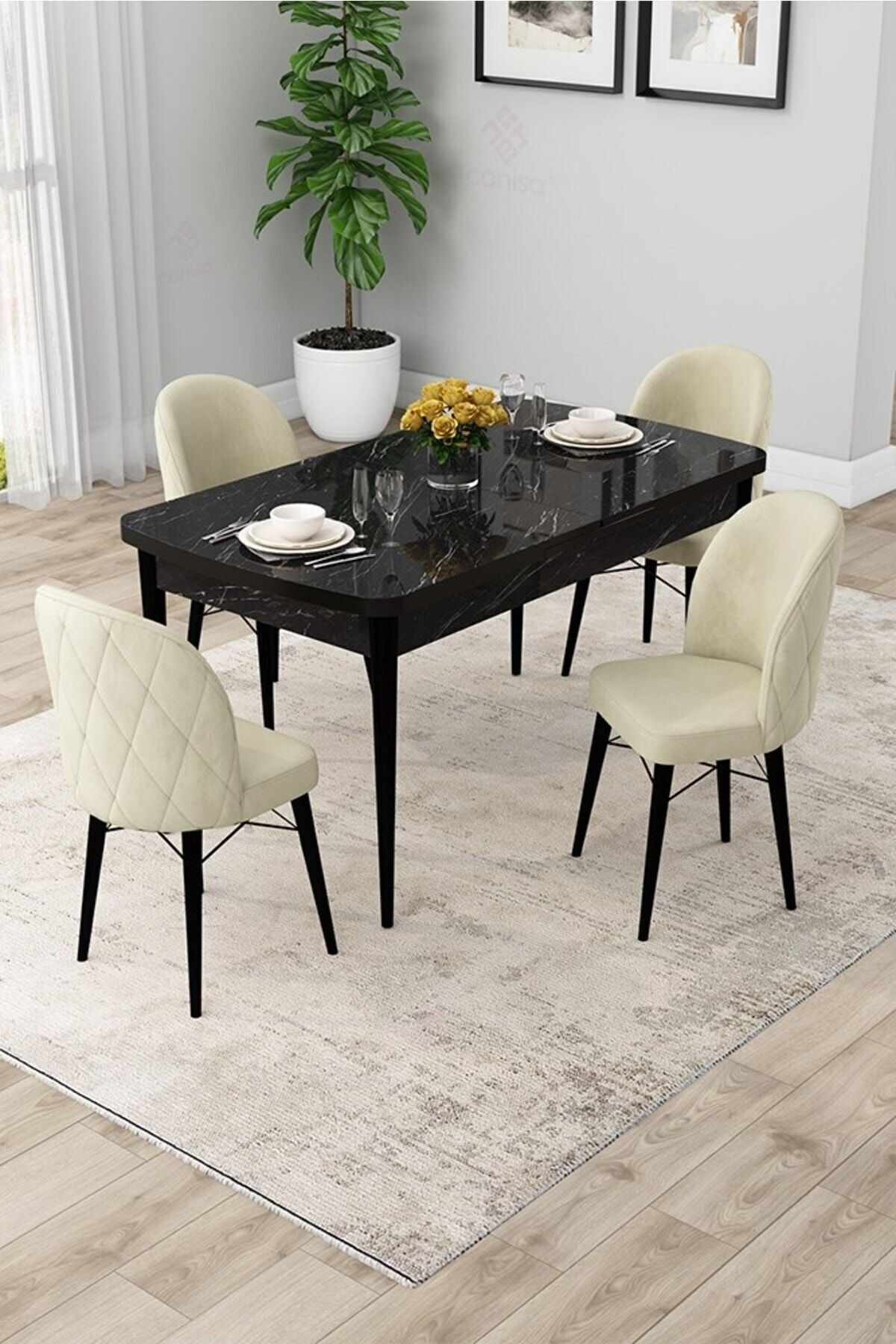 Rut Serisi 80x132 Açılabilir Siyah Mermer Desen Masa Takımı Ve 4 Sandalye
