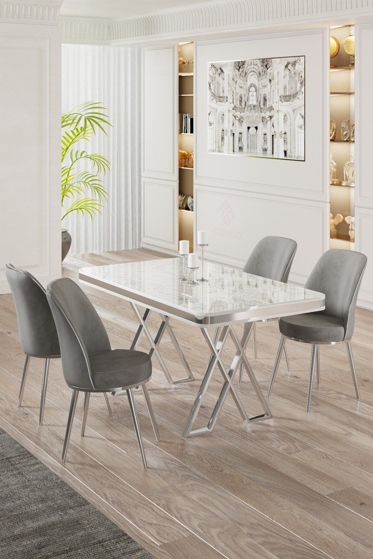 Vals Serisi 80x130 Lak Panel Beyaz Mermer Desen Masa ve 4 Sandalye Krom Kaplama Ayak