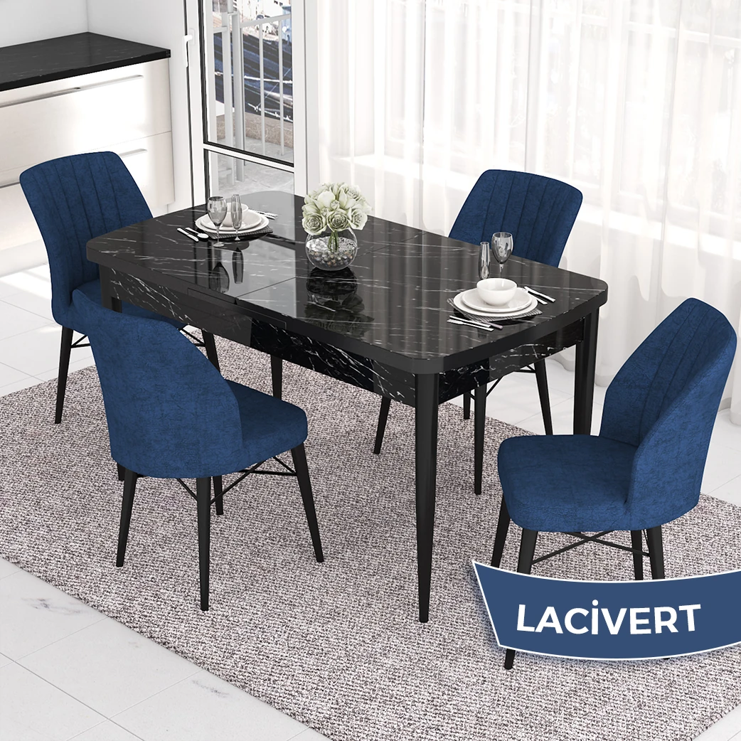 Masa Siyah Mermer Desen Lacivert Sandalye