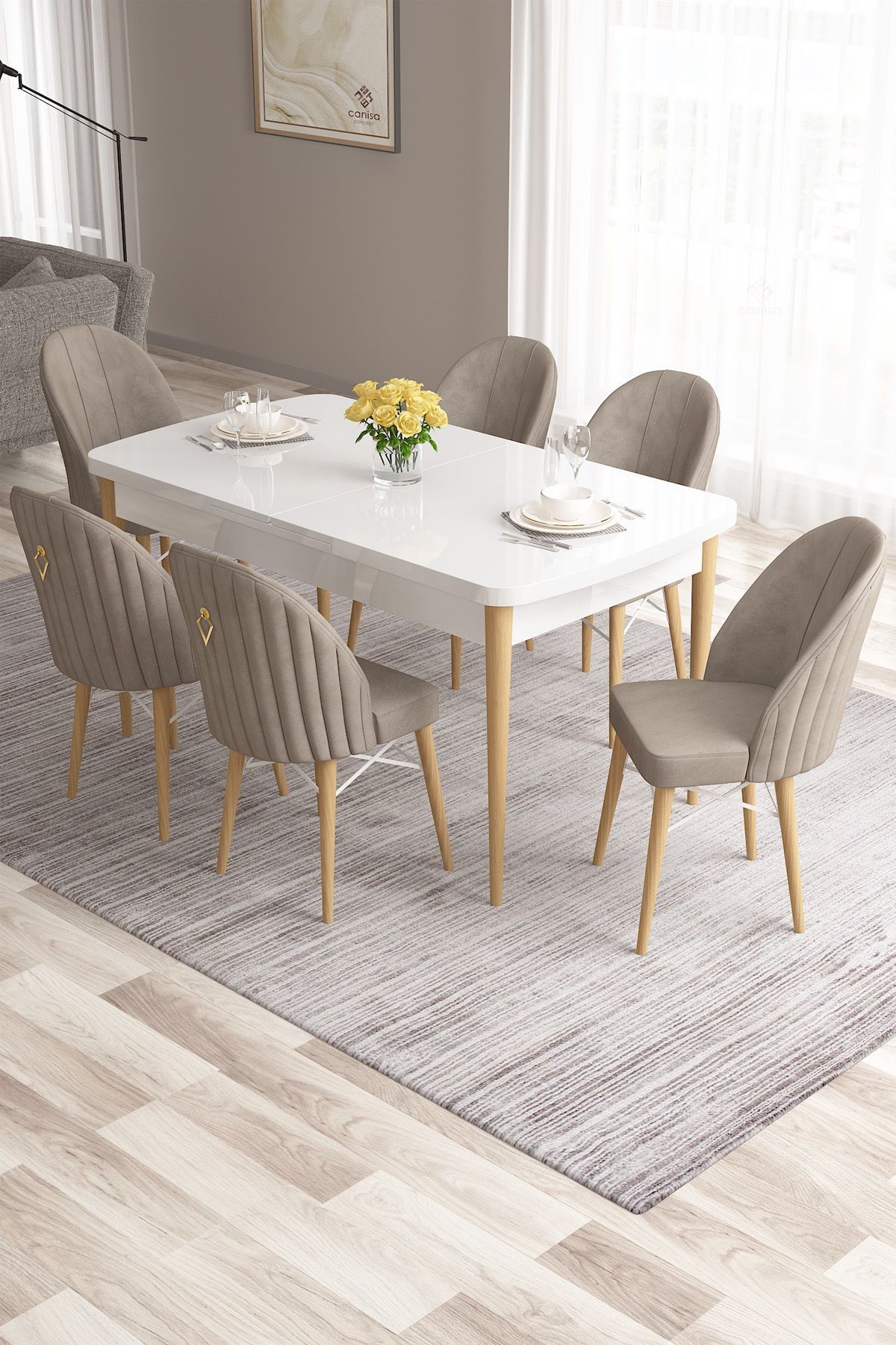 Roz Serisi 80x132 Mdf Açılabilir Gold Halka Beyaz Masa Doğal Ahşap Ayak Masa Takımı Ve 6 Sandalye