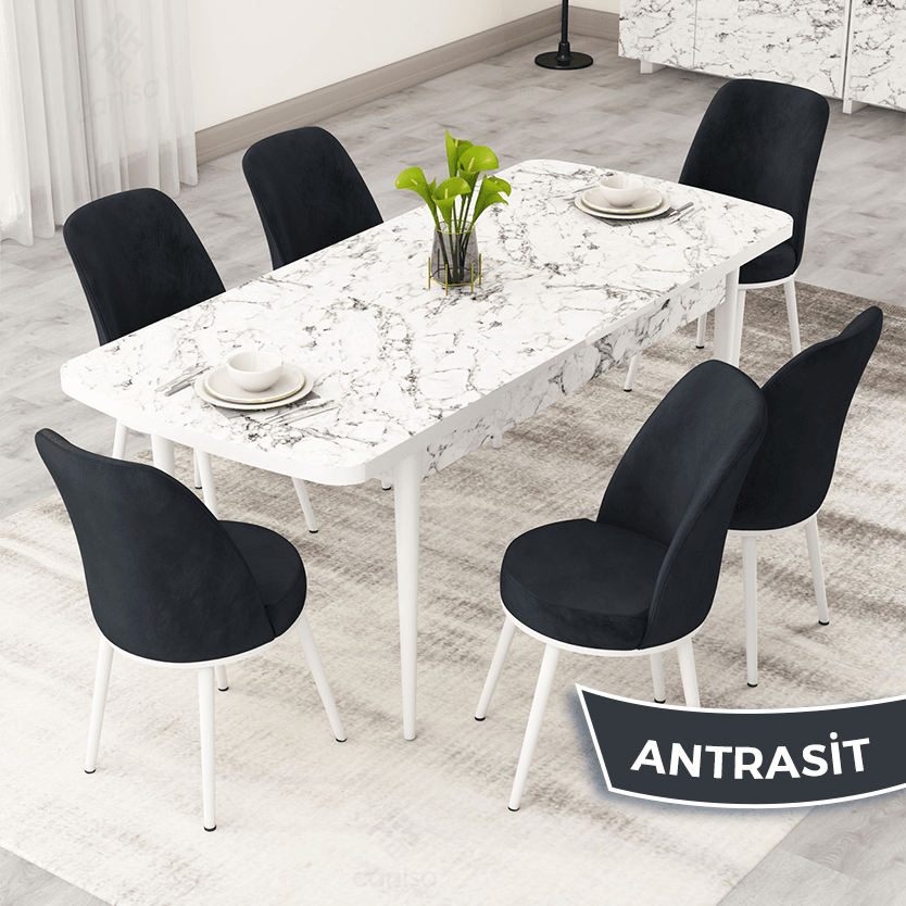 Nix Serisi 70x114 Açılabilir Beyaz Mermer Desen Mutfak Masası Takımı ve 6 Sandalye