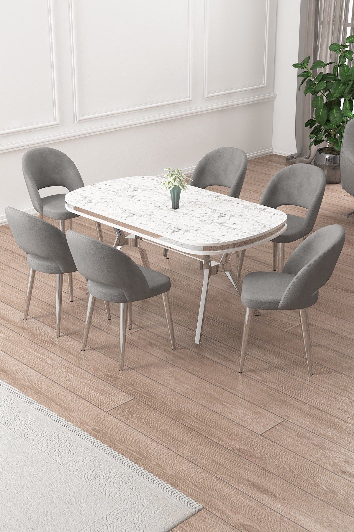 Jita Serisi 90x168 Lak Panel Beyaz Mermer Desen Masa ve 6 Sandalye Krom Kaplama Ayak