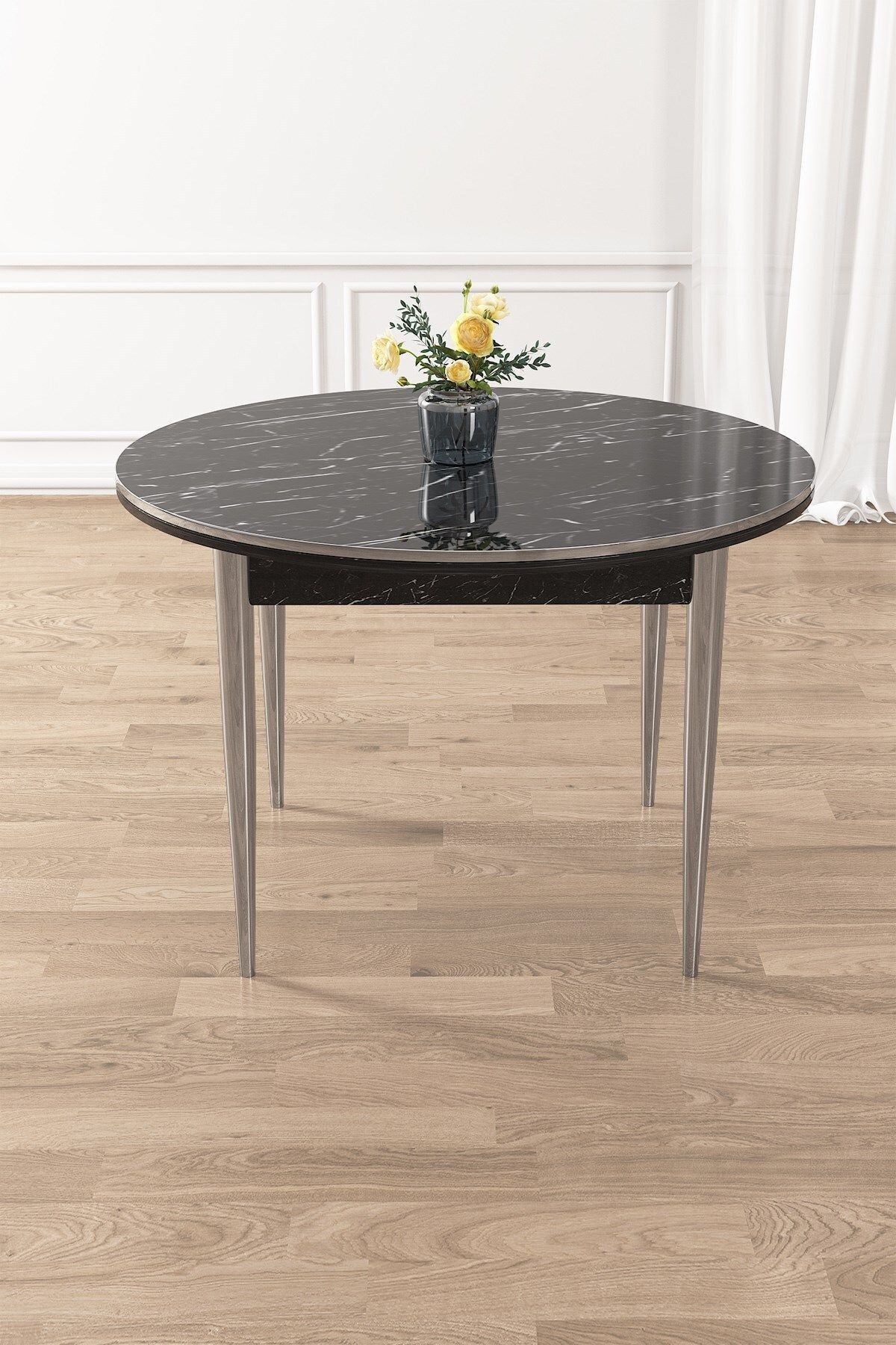Siyah Mermer Desen 90 X 90 Sabit Yuvarlak Yemek Masası Krom Metal Ayak
