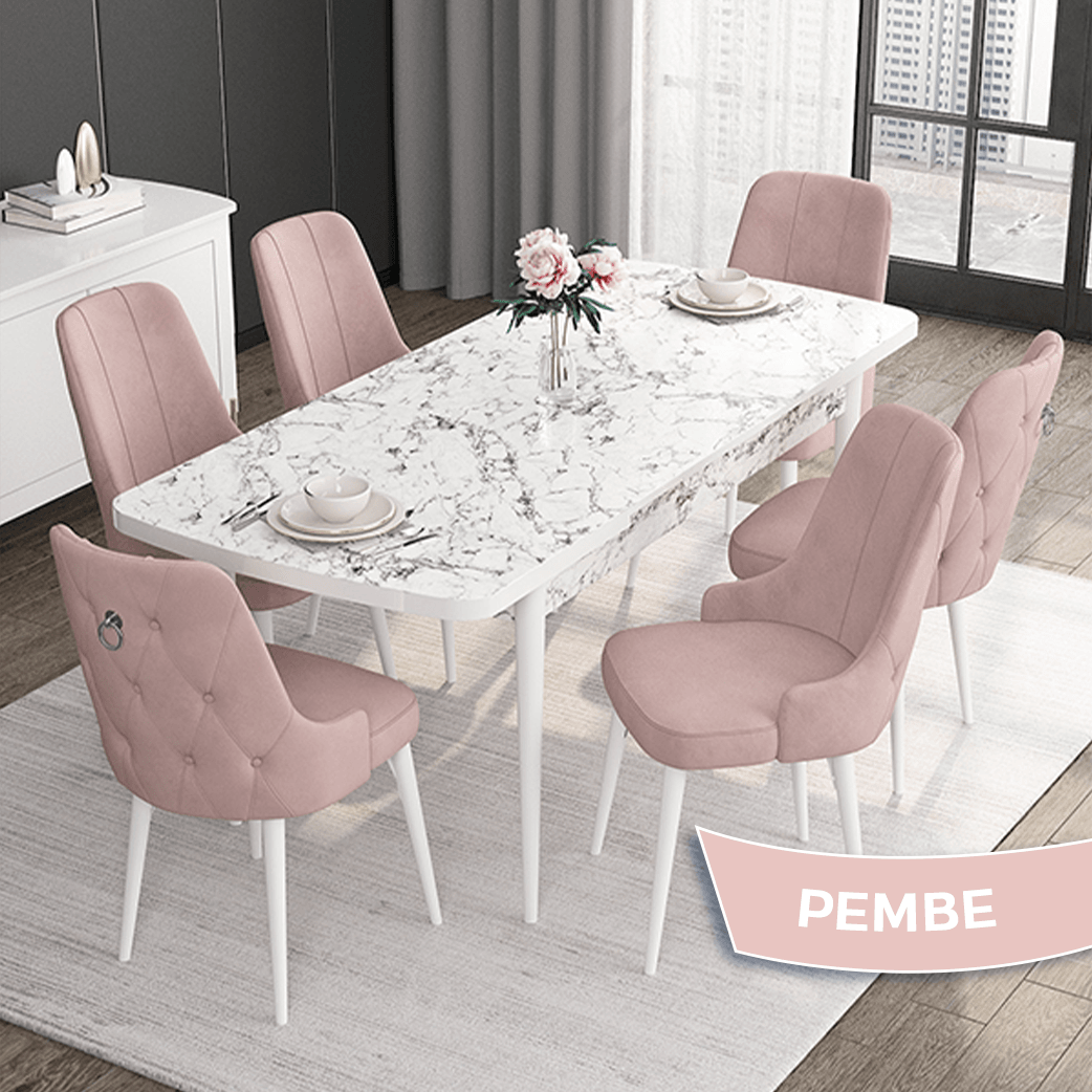 masa beyaz mermer desen sandalye pembee