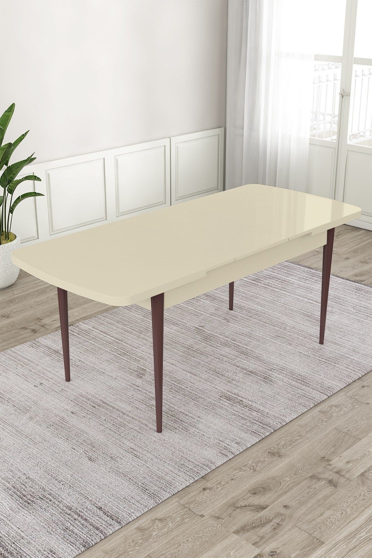 Krem 80x132 Açılabilir MDF Yemek Masası Ceviz Ahşap Ayak