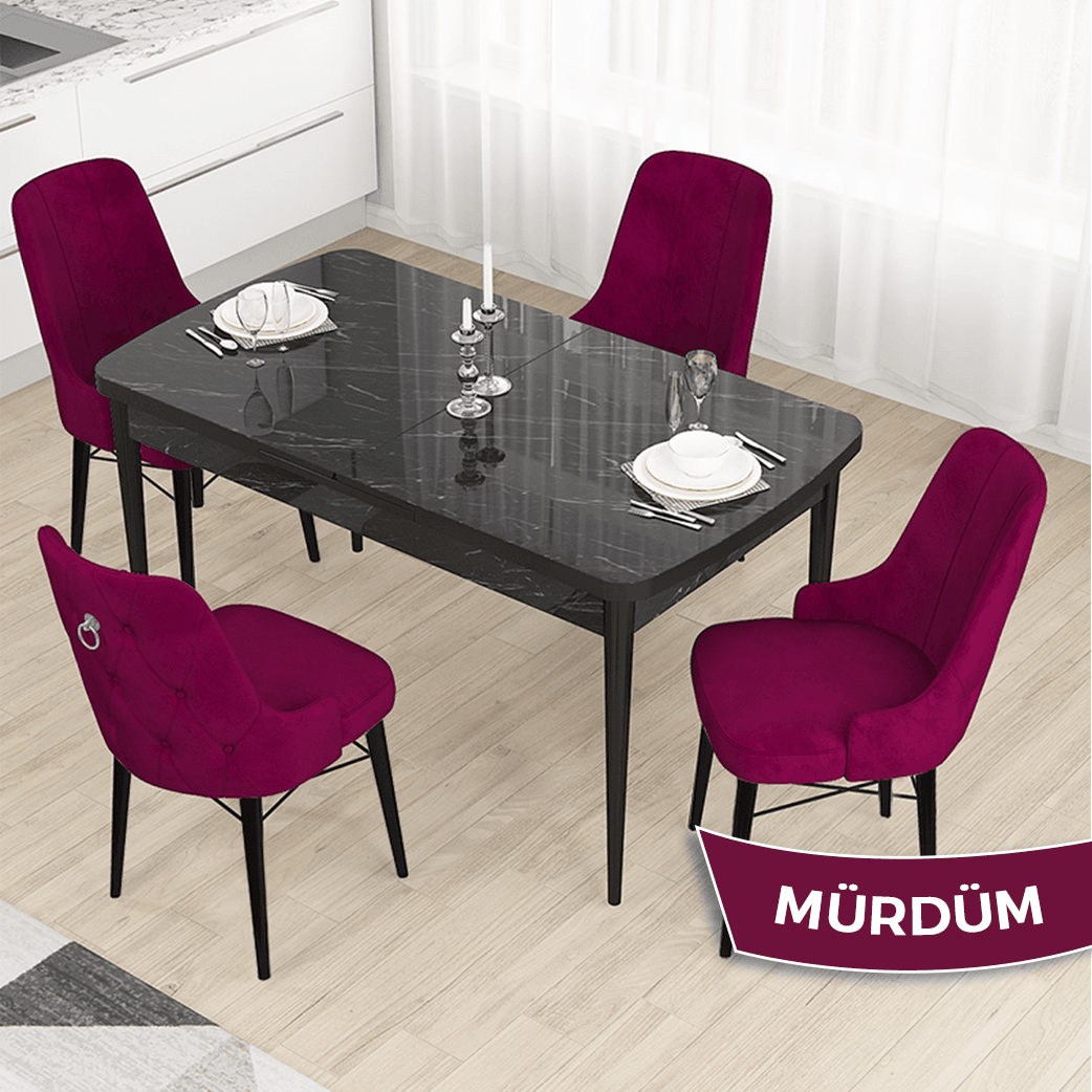 Mürdüm Sandalye Siyah Mermer Desen Masa