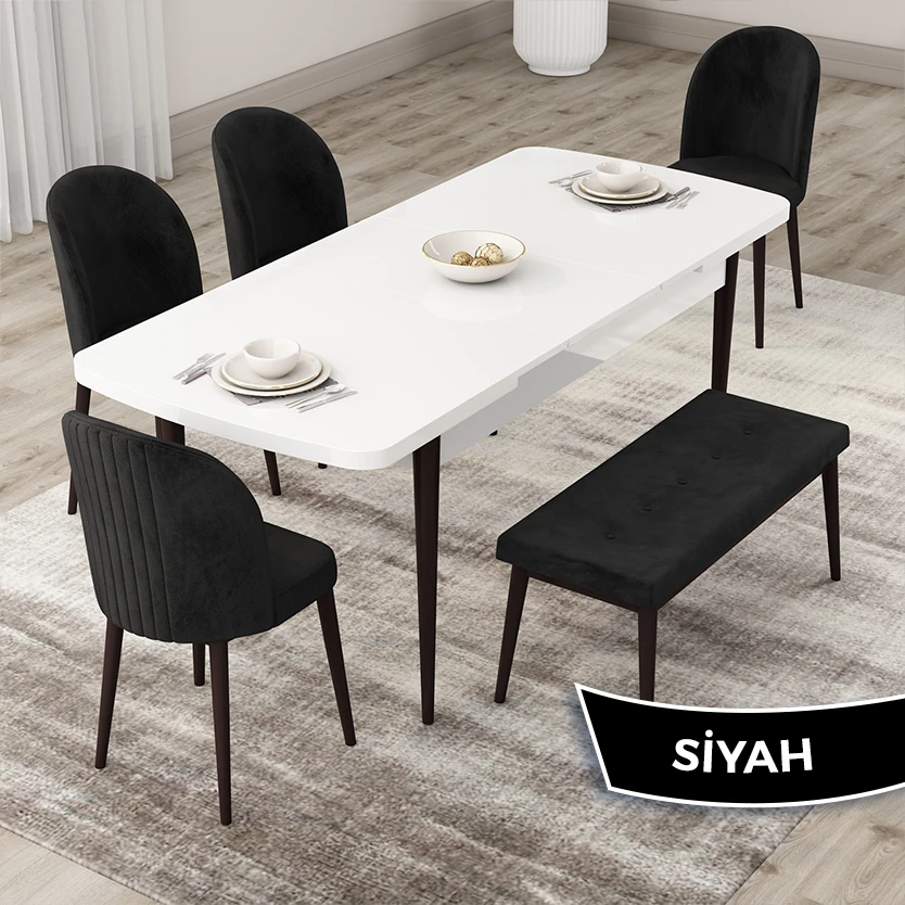 beyaz masa ayakları ceviz sandalye siyah