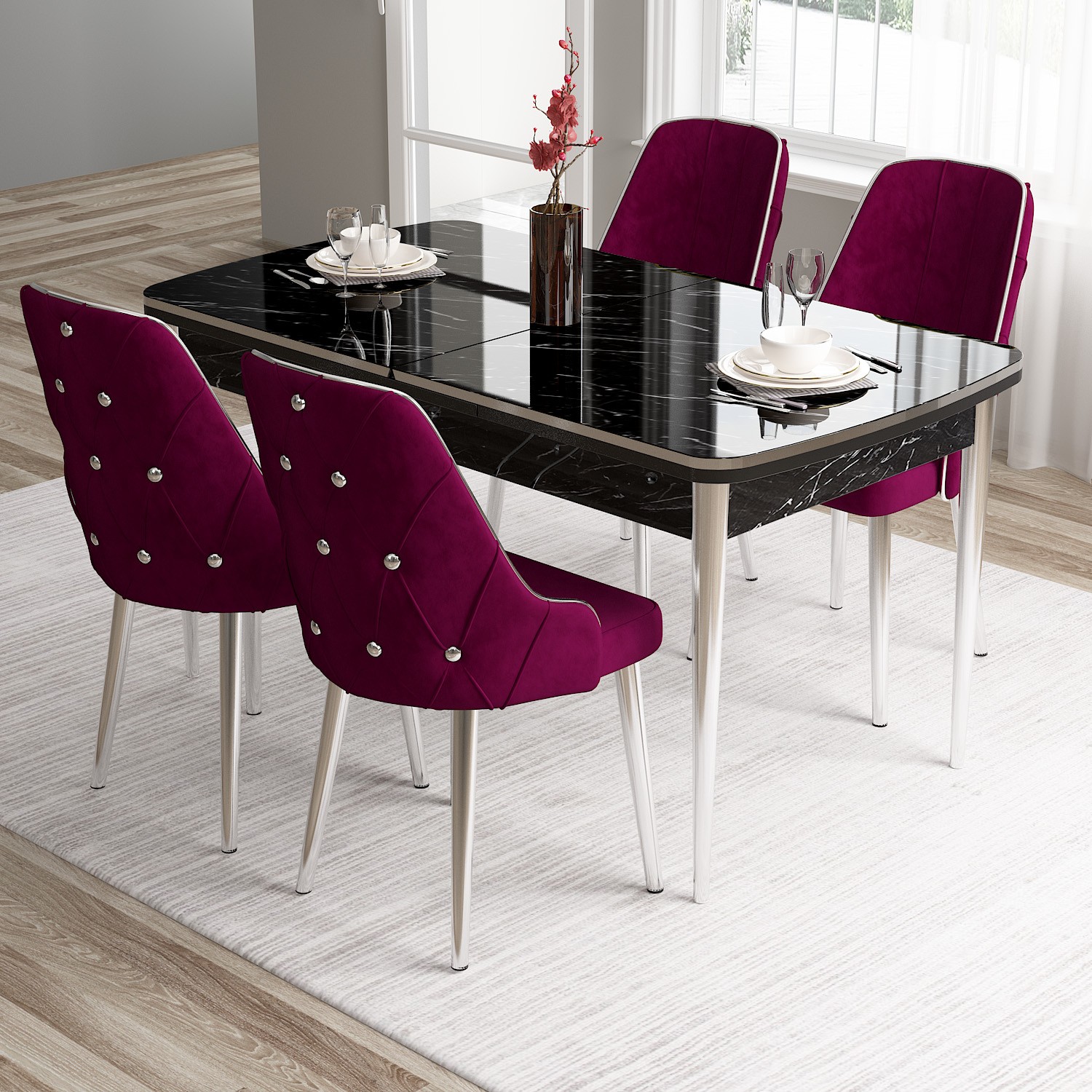 Tia Serisi 80x132 Mdf Açılabilir Krom Ayak Siyah Mermer Desen Masa Takımı Ve 4 Sandalye