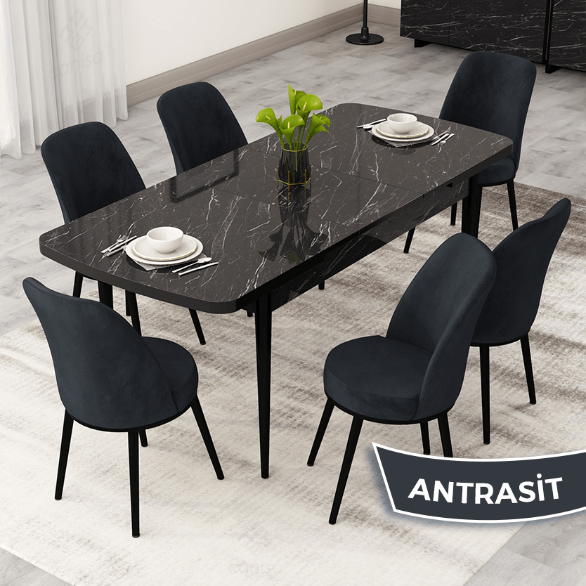 Antrasit Sandalye Siyah Mermer Desen Masa