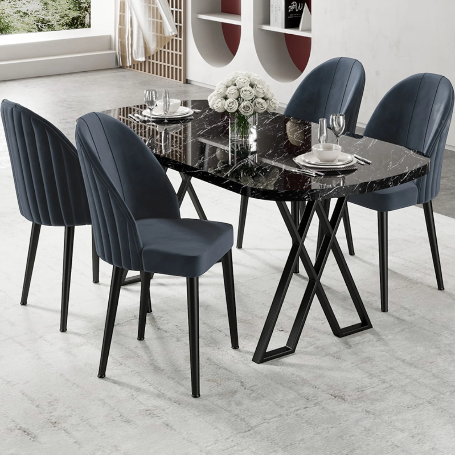 Kaye Serisi Mdf 90x168 Siyah Mermer Desen Mutfak Masası Takımı 4 Sandalye