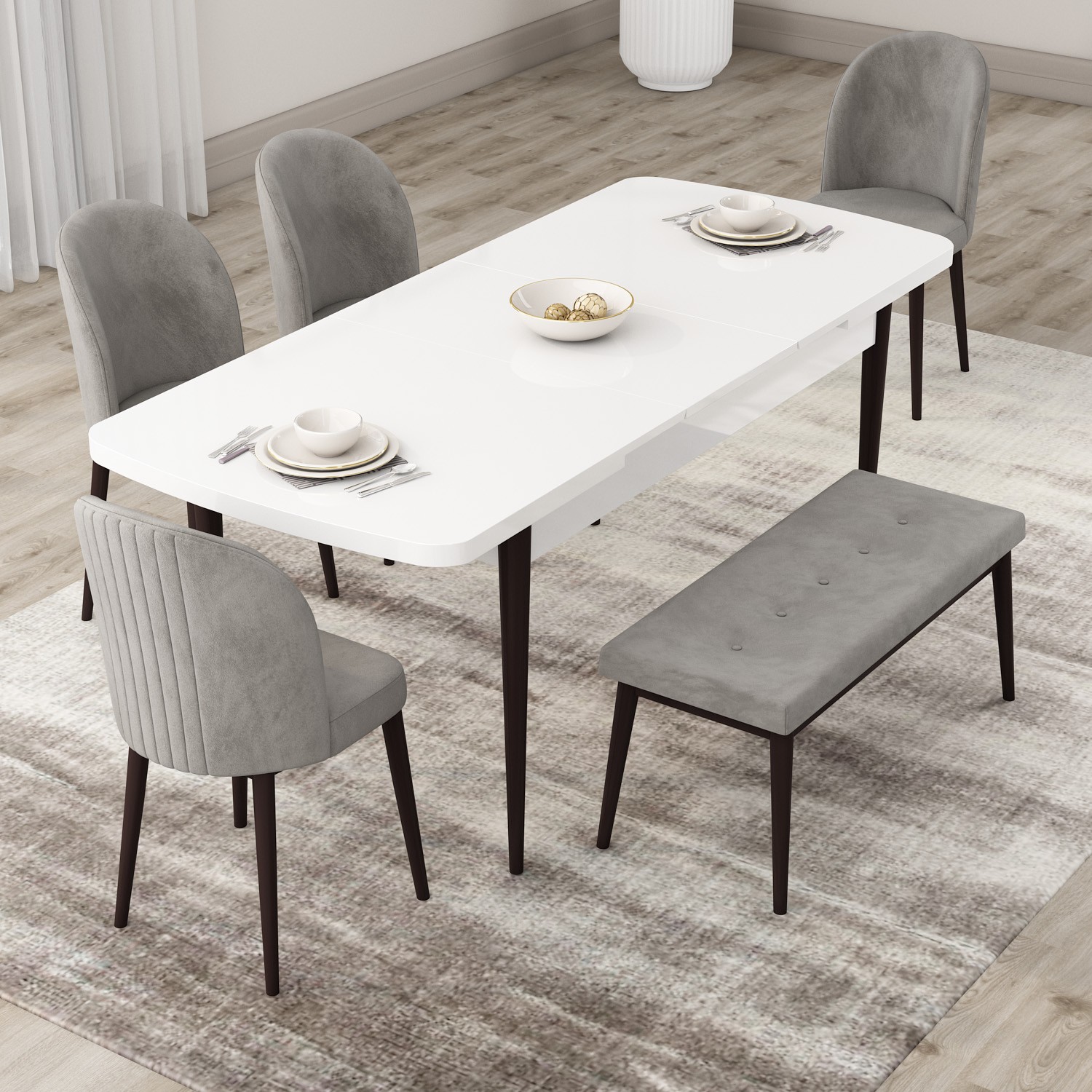 Roe Serisi 80x132 Açılabilir Beyaz Masa Kahverengi Ayak Masa Takımı 4 Sandalye Ve 1 Bench