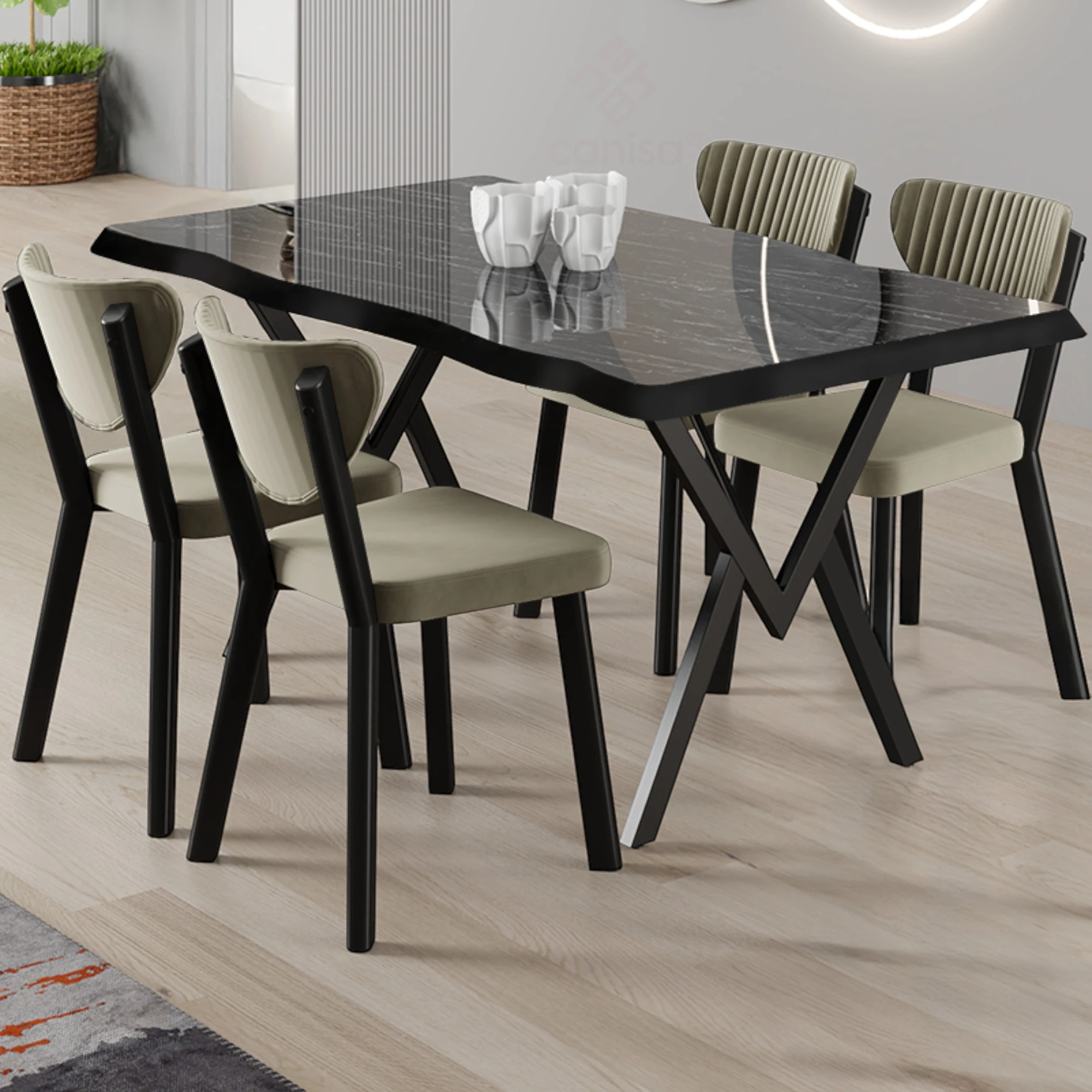 Akort Serisi MDF Sabit 80x130 Siyah Mermer Desen Mutfak Masası Takımı 4  Sandalye