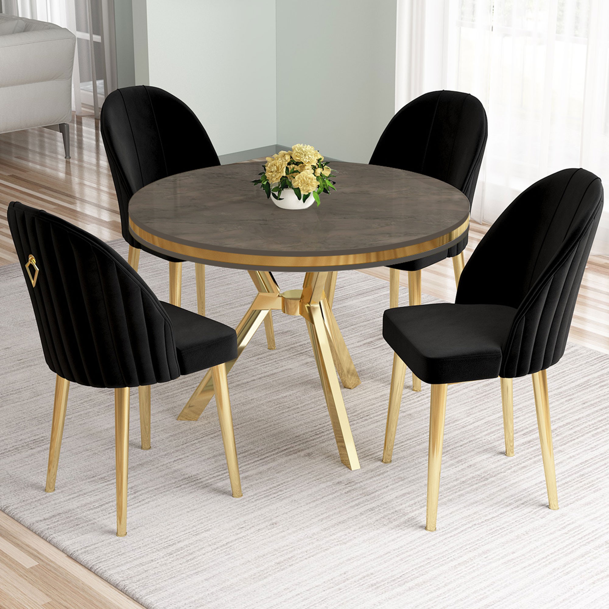 Mos Serisi 90x90 Lak Panel Antrasit İroni Gold Kaplama Ayaklı Masa Takımı ve 4 Sandalye