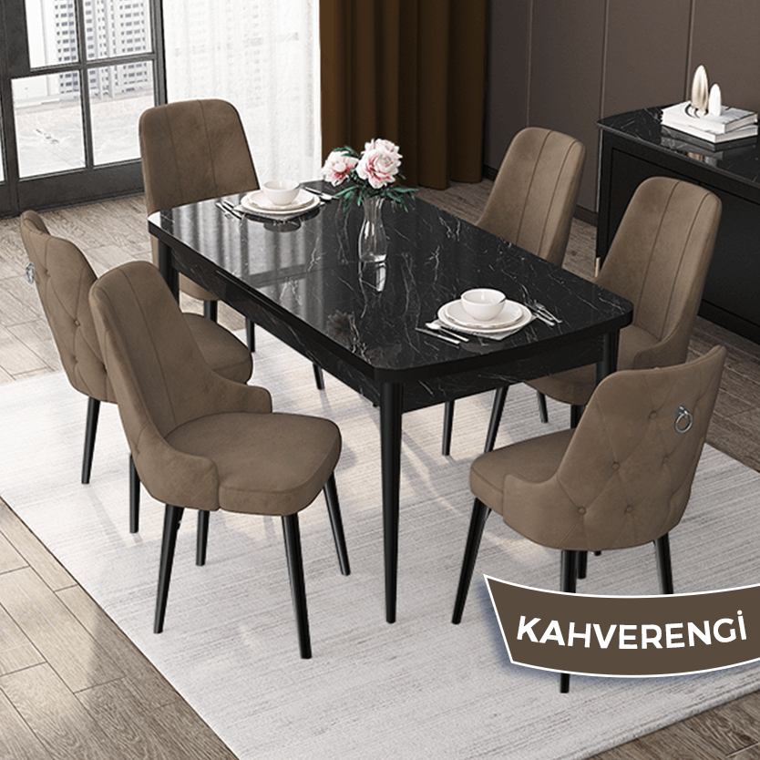 Nex Serisi 80x132 Mdf Açılabilir Gümüş Halka Siyah Mermer Desen Masa Takımı Ve 6 Sandalye