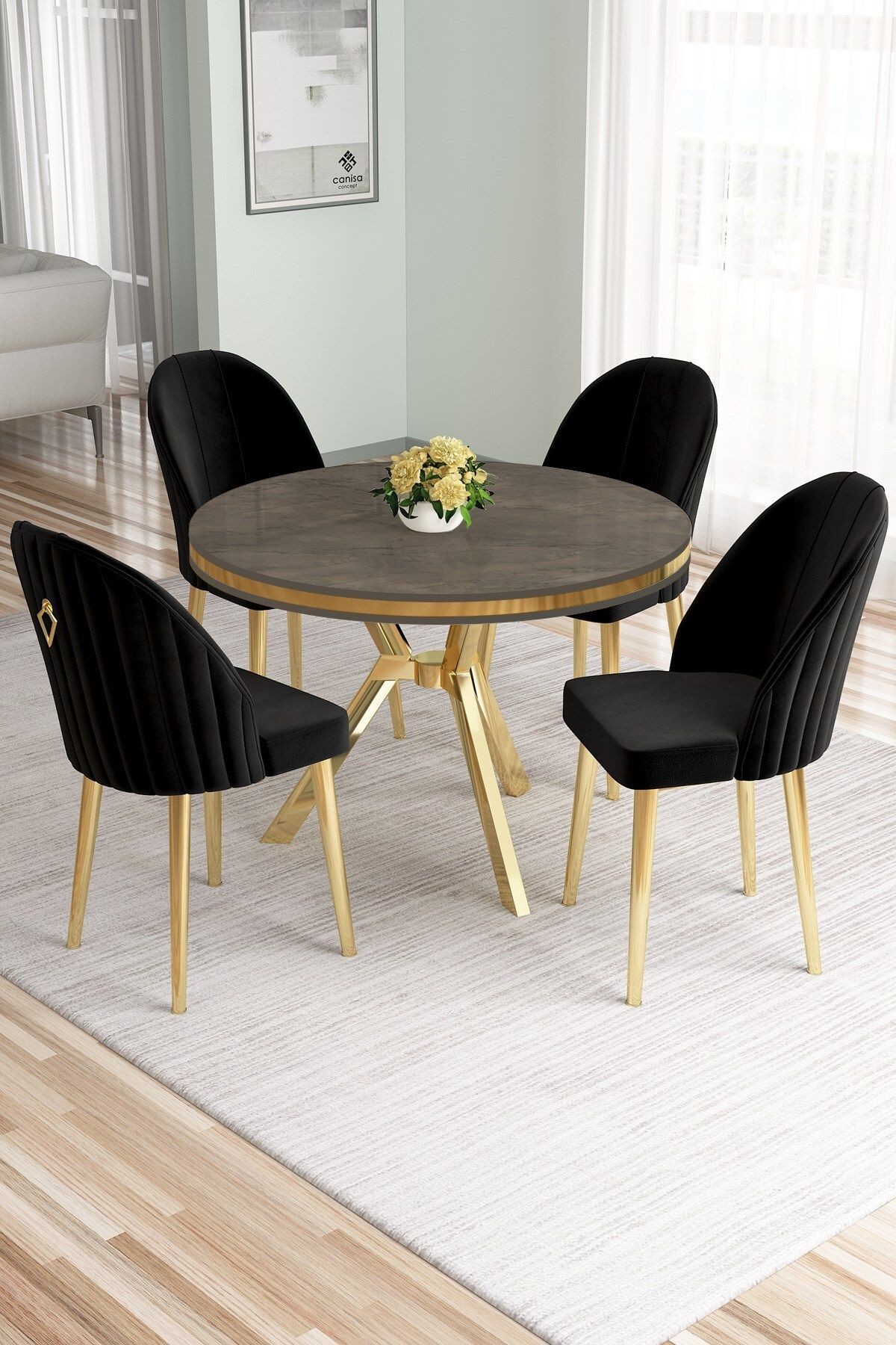 Mos Serisi 90x90 Lak Panel Antrasit İroni Gold Kaplama Ayaklı Masa Takımı ve 4 Sandalye