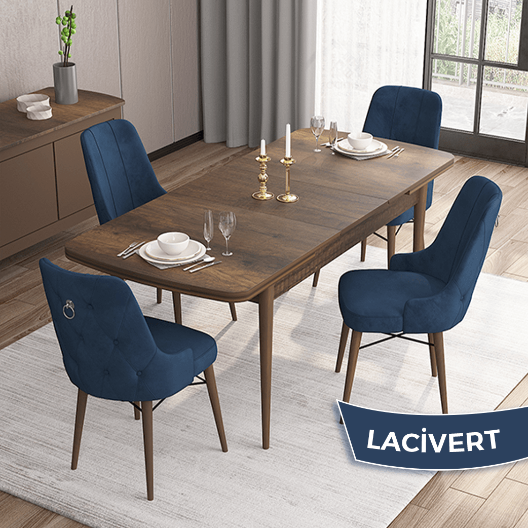 Lacivert Sandalye Barok Ahşap Desen Masa