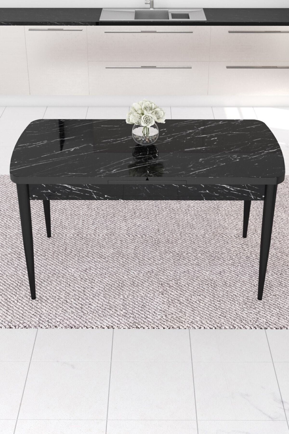 Eva Serisi 80x132 Açılabilir Mdf Siyah Mermer Desen Masa Takımı Ve 6 Sandalye