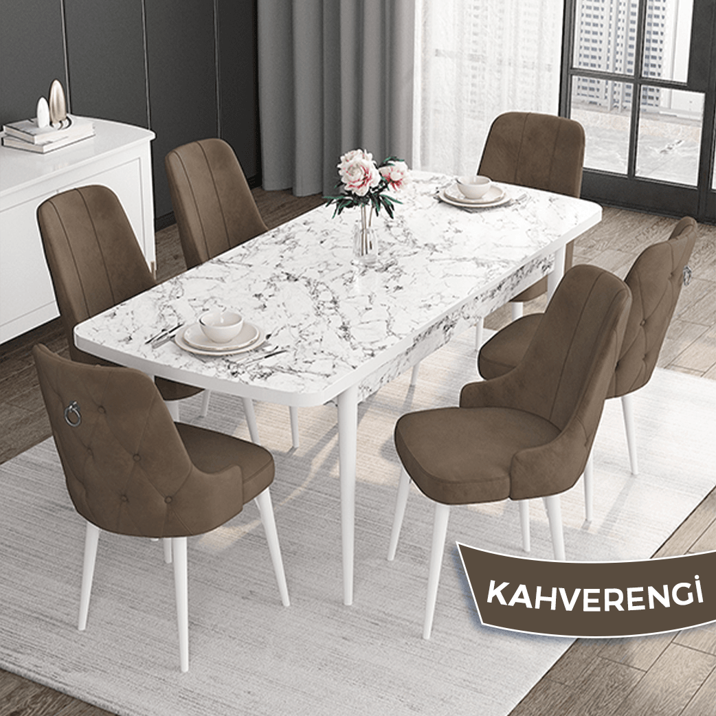 Kahve Sandalye Beyaz Mermer Desen Masa