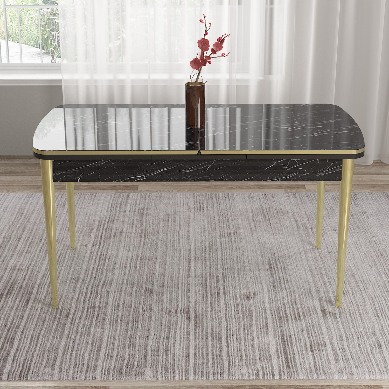Nira Serisi 70x114 Mdf Siyah Mermer Desen Mutfak Masa Takımı 6 Sandalye Gold Detay