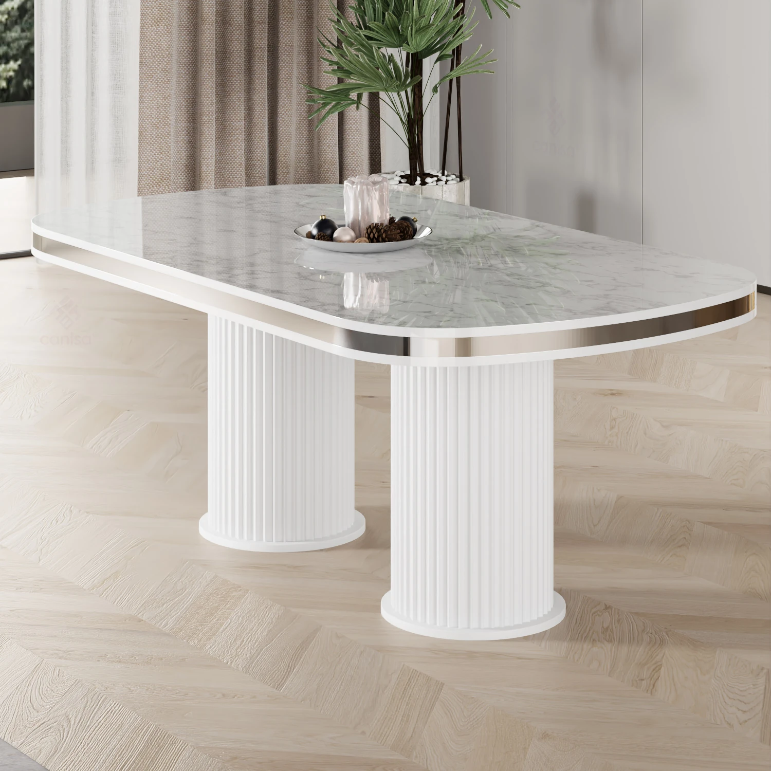 Galya Serisi Lak Panel 90x168 Sabit Beyaz Mermer Desen Mutfak Masa Takımı 6 Sandalye